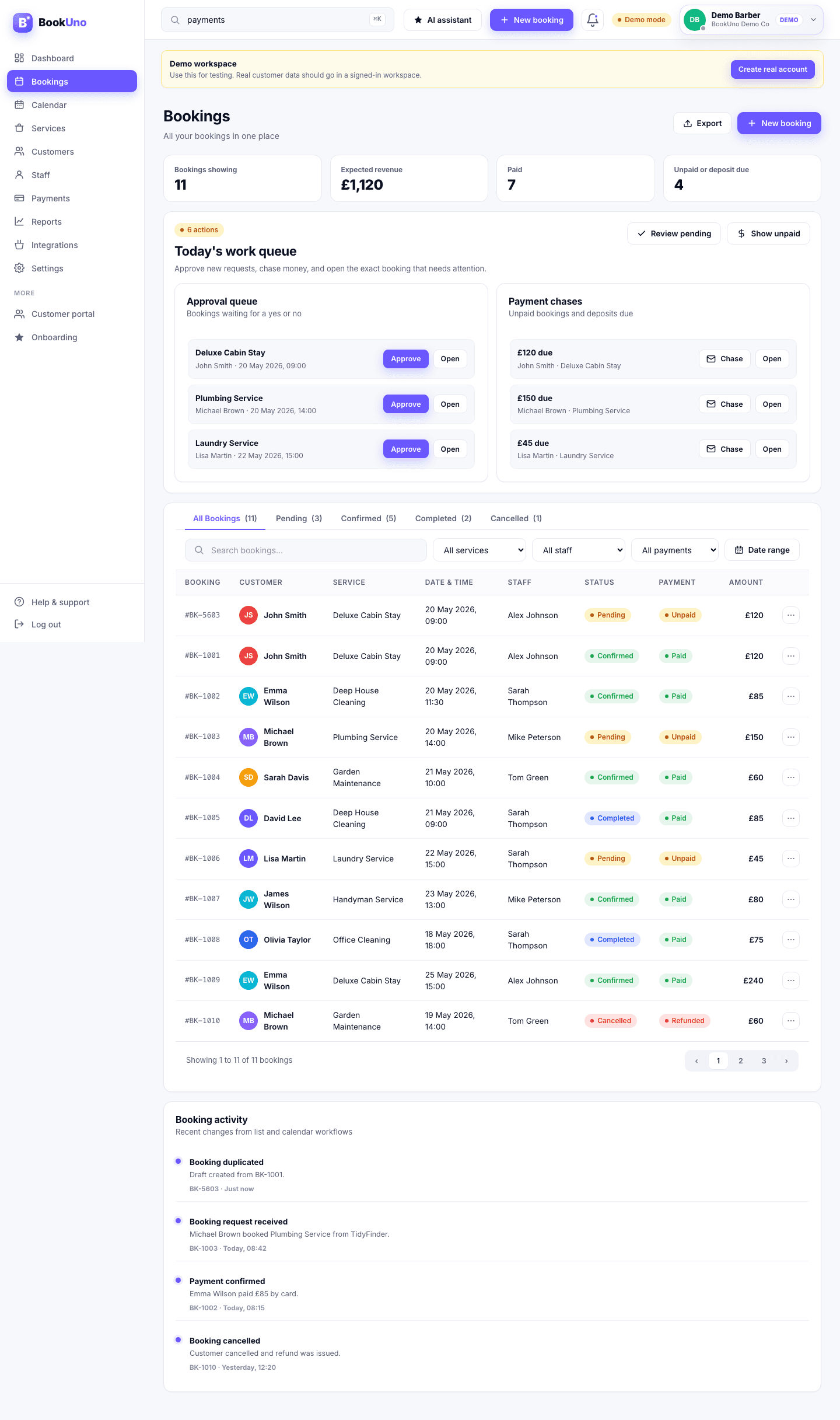 Bookings workflow screenshot